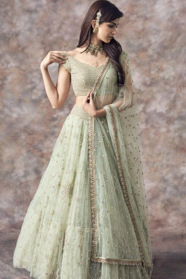 Sea Green Net Zari Lehenga Choli Set with Dupatta | Festive & Wedding Wear - Rosepetals Luxe