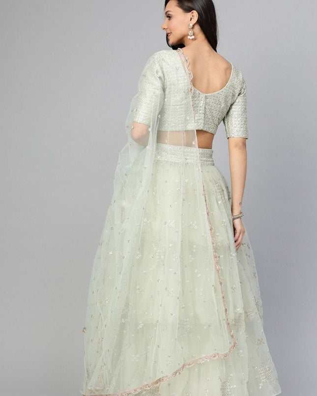 Sea Green Net Zari Lehenga Choli Set with Dupatta | Festive & Wedding Wear - Rosepetals Luxe