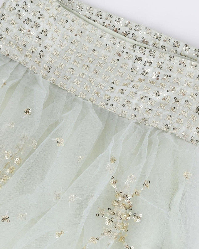Sea Green Net Zari Lehenga Choli Set with Dupatta | Festive & Wedding Wear - Rosepetals Luxe