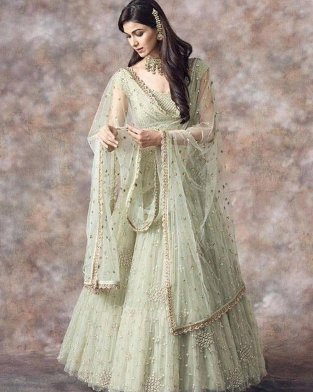 Sea Green Net Zari Lehenga Choli Set with Dupatta | Festive & Wedding Wear - Rosepetals Luxe