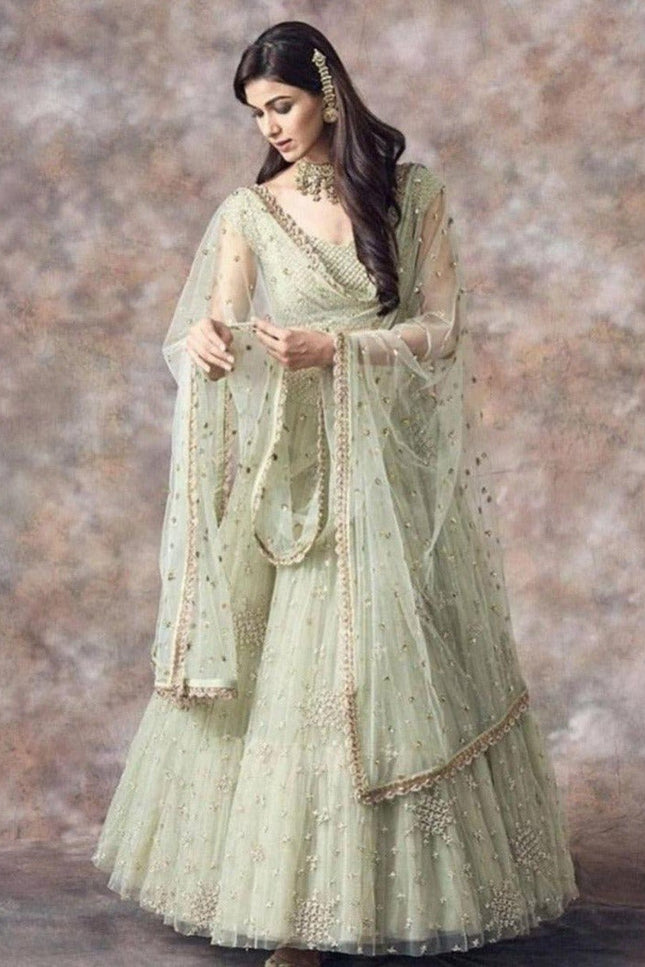 Sea Green Net Zari Lehenga Choli Set with Dupatta | Festive & Wedding Wear - Rosepetals Luxe