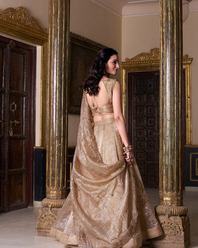 Semi - Stiched Gold Crush Lehenga | Thread Embroidery Work | Perfect For Wedding and Festive Occations - Rosepetals Luxe