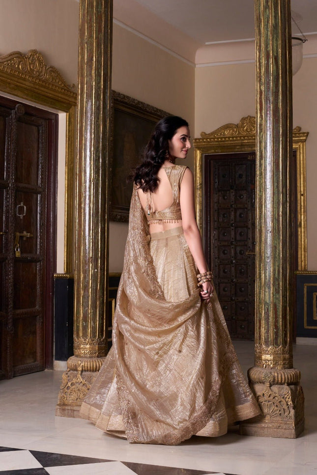 Semi - Stiched Gold Crush Lehenga | Thread Embroidery Work | Perfect For Wedding and Festive Occations - Rosepetals Luxe