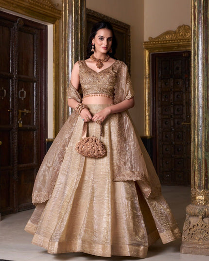 Semi - Stiched Gold Crush Lehenga | Thread Embroidery Work | Perfect For Wedding and Festive Occations - Rosepetals Luxe