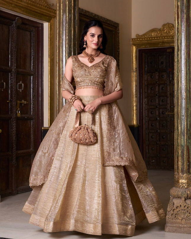 Semi - Stiched Gold Crush Lehenga | Thread Embroidery Work | Perfect For Wedding and Festive Occations - Rosepetals Luxe