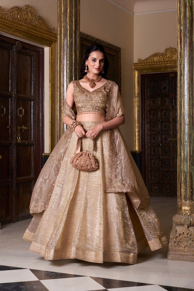 Semi - Stiched Gold Crush Lehenga | Thread Embroidery Work | Perfect For Wedding and Festive Occations - Rosepetals Luxe