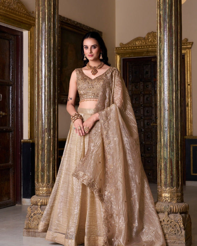 Semi - Stiched Gold Crush Lehenga | Thread Embroidery Work | Perfect For Wedding and Festive Occations - Rosepetals Luxe