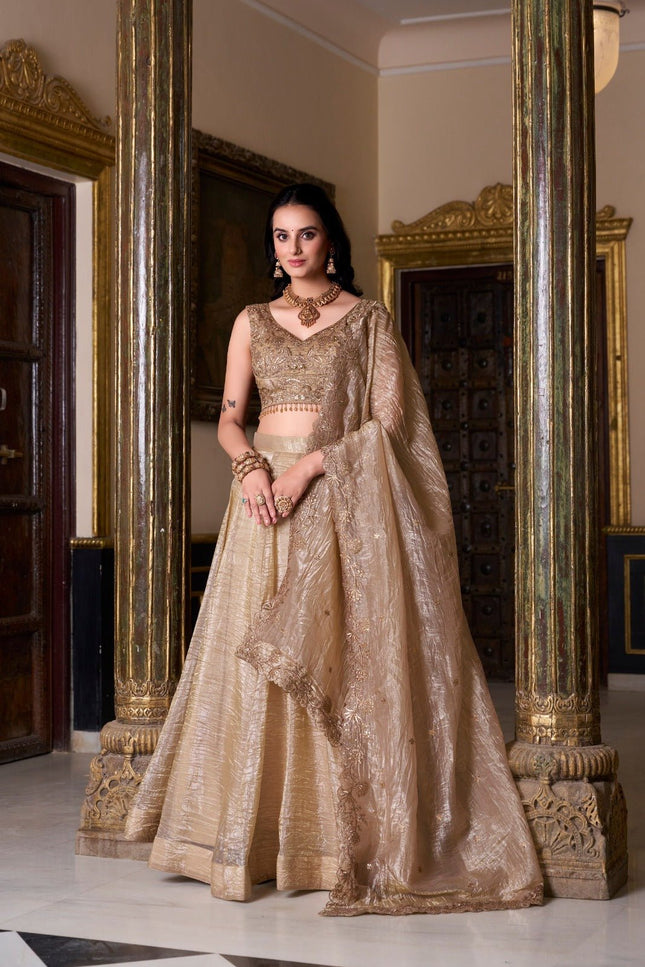 Semi - Stiched Gold Crush Lehenga | Thread Embroidery Work | Perfect For Wedding and Festive Occations - Rosepetals Luxe