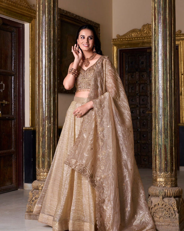 Semi - Stiched Gold Crush Lehenga | Thread Embroidery Work | Perfect For Wedding and Festive Occations - Rosepetals Luxe