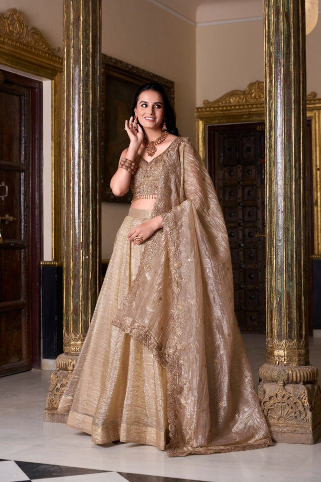 Semi - Stiched Gold Crush Lehenga | Thread Embroidery Work | Perfect For Wedding and Festive Occations - Rosepetals Luxe