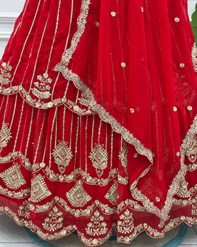 Semi - Stitched Royal Red Bridal Lehenga With Heavy Embroidery | Perfect For Festive - Rosepetals Luxe