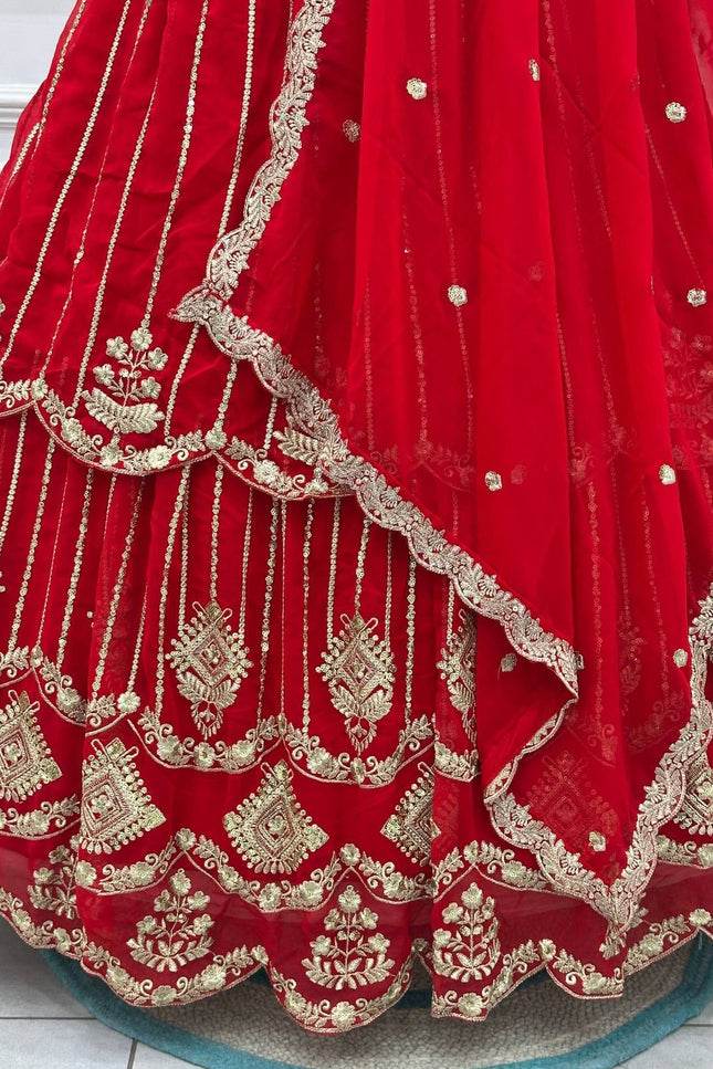 Semi - Stitched Royal Red Bridal Lehenga With Heavy Embroidery | Perfect For Festive - Rosepetals Luxe
