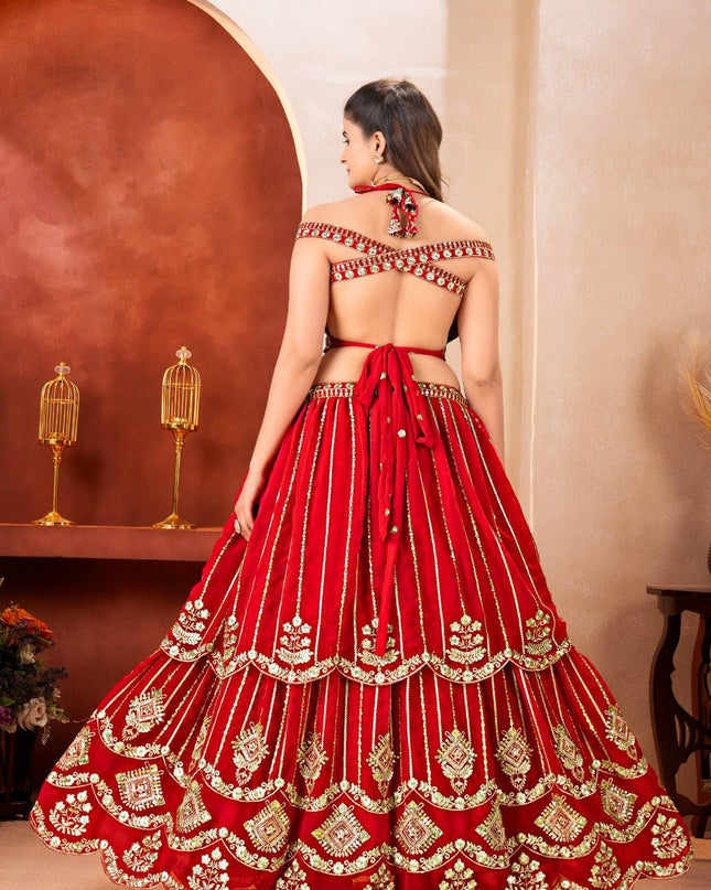 Semi - Stitched Royal Red Bridal Lehenga With Heavy Embroidery | Perfect For Festive - Rosepetals Luxe