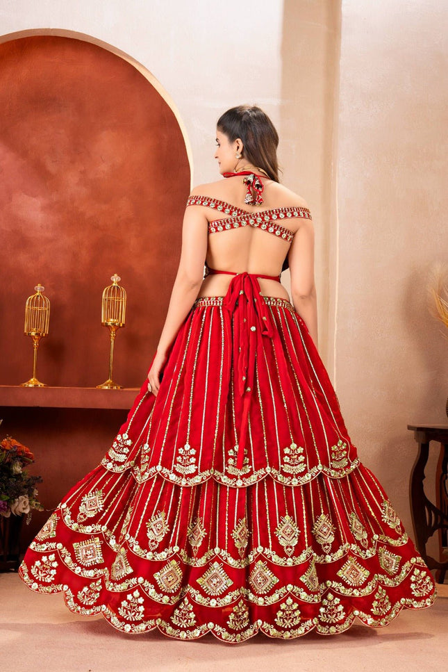 Semi - Stitched Royal Red Bridal Lehenga With Heavy Embroidery | Perfect For Festive - Rosepetals Luxe