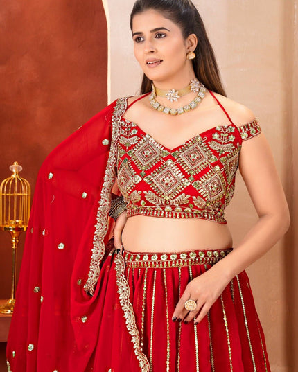 Semi - Stitched Royal Red Bridal Lehenga With Heavy Embroidery | Perfect For Festive - Rosepetals Luxe
