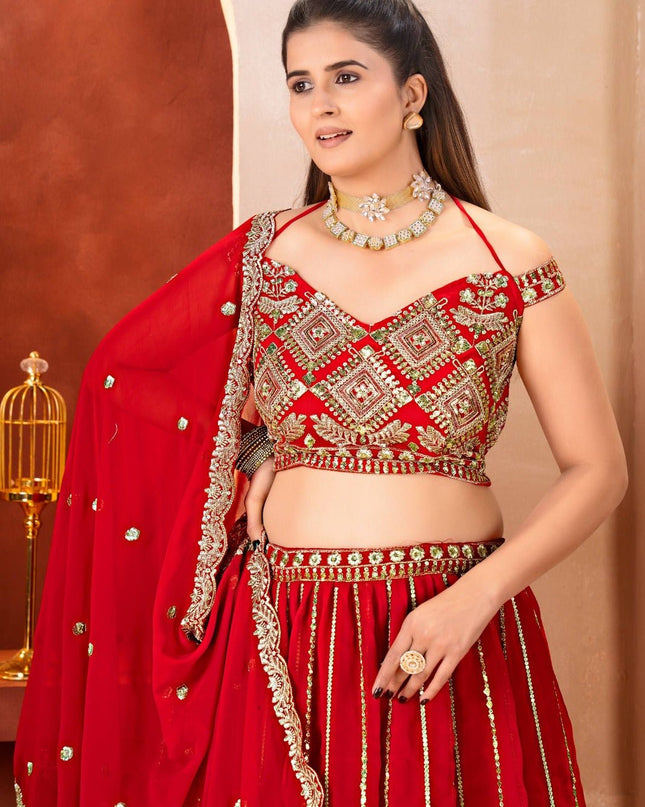 Semi - Stitched Royal Red Bridal Lehenga With Heavy Embroidery | Perfect For Festive - Rosepetals Luxe