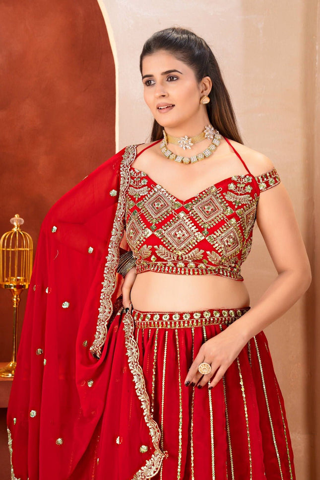 Semi - Stitched Royal Red Bridal Lehenga With Heavy Embroidery | Perfect For Festive - Rosepetals Luxe