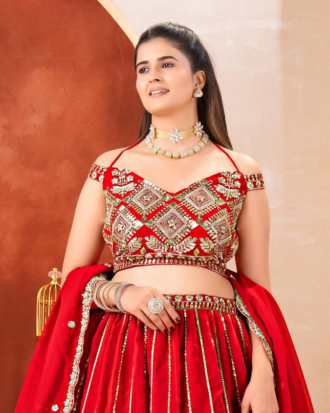 Semi - Stitched Royal Red Bridal Lehenga With Heavy Embroidery | Perfect For Festive - Rosepetals Luxe