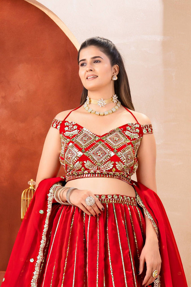 Semi - Stitched Royal Red Bridal Lehenga With Heavy Embroidery | Perfect For Festive - Rosepetals Luxe