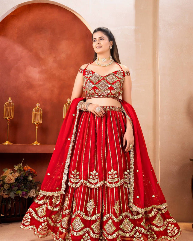 Semi - Stitched Royal Red Bridal Lehenga With Heavy Embroidery | Perfect For Festive - Rosepetals Luxe