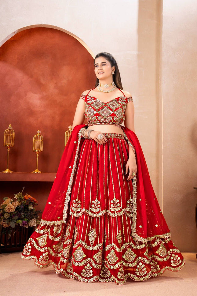 Semi - Stitched Royal Red Bridal Lehenga With Heavy Embroidery | Perfect For Festive - Rosepetals Luxe