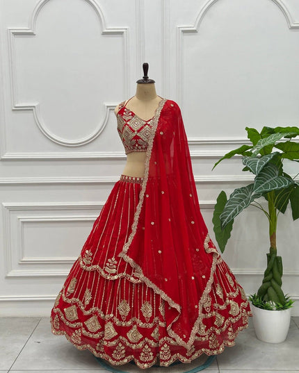 Semi - Stitched Royal Red Bridal Lehenga With Heavy Embroidery | Perfect For Festive - Rosepetals Luxe