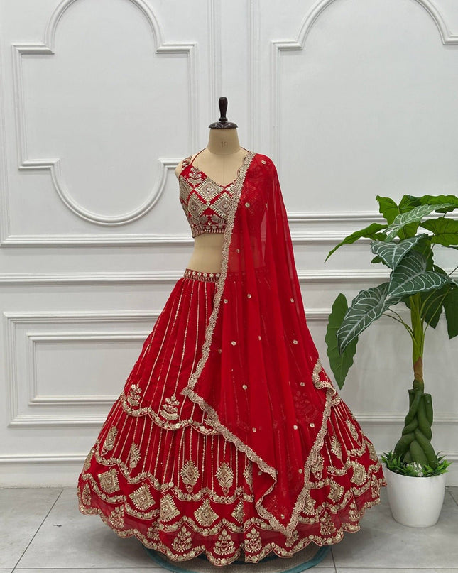 Semi - Stitched Royal Red Bridal Lehenga With Heavy Embroidery | Perfect For Festive - Rosepetals Luxe