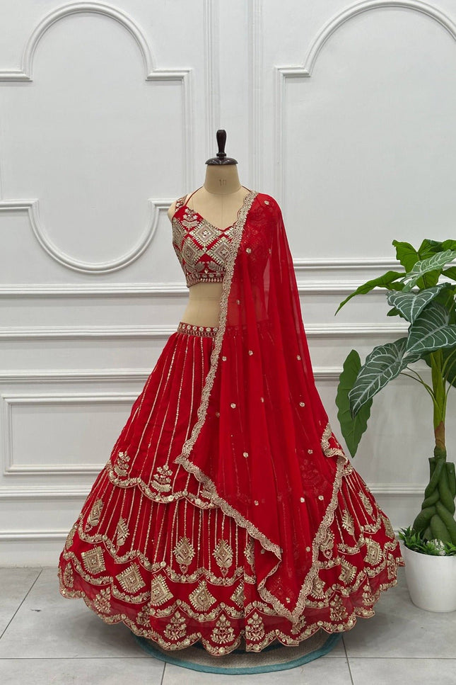 Semi - Stitched Royal Red Bridal Lehenga With Heavy Embroidery | Perfect For Festive - Rosepetals Luxe