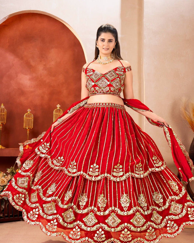 Semi - Stitched Royal Red Bridal Lehenga With Heavy Embroidery | Perfect For Festive - Rosepetals Luxe
