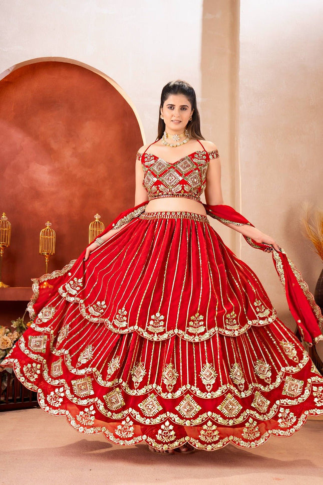 Semi - Stitched Royal Red Bridal Lehenga With Heavy Embroidery | Perfect For Festive - Rosepetals Luxe