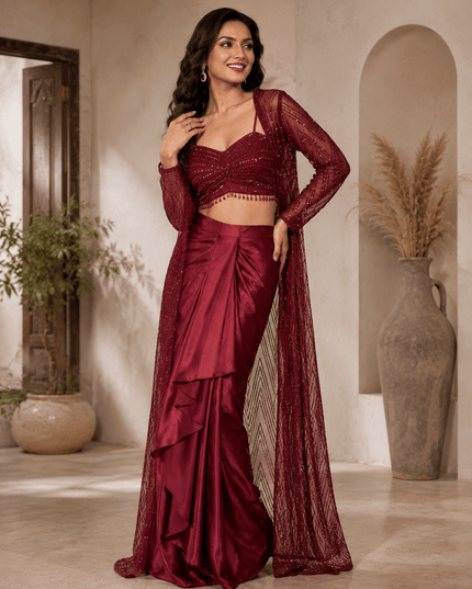 Sequin Embroidered Butterfly Net Co-ord Set | Moss Satin Skirt & Shrug | 3-Piece Party Wear - Rosepetals Luxe