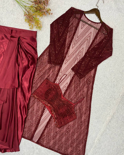 Sequin Embroidered Butterfly Net Co-ord Set | Moss Satin Skirt & Shrug | 3-Piece Party Wear - Rosepetals Luxe