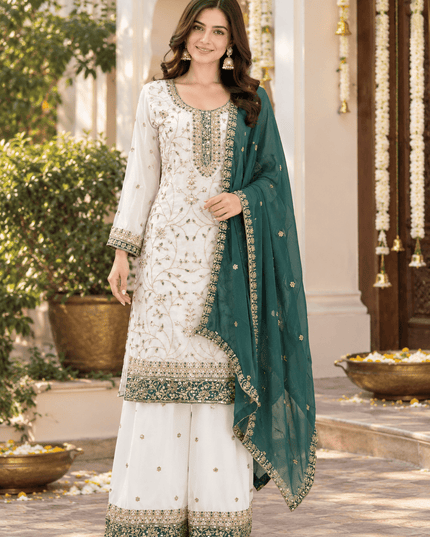 Sequin Embroidered Georgette Palazzo Suit Set with Dupatta - Rosepetals Luxe