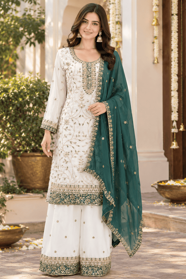 Sequin Embroidered Georgette Palazzo Suit Set with Dupatta - Rosepetals Luxe