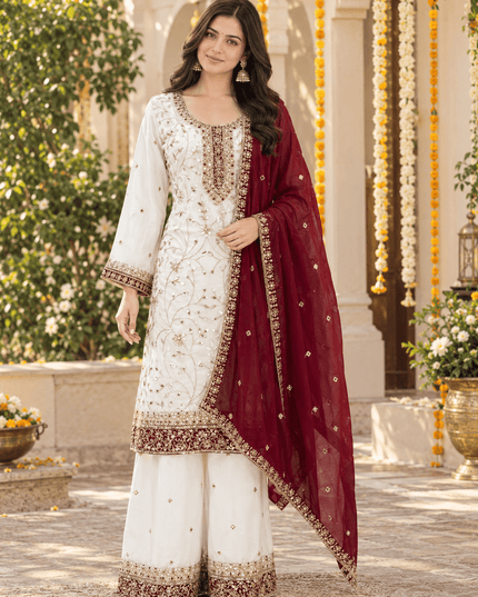 Sequin Embroidered Georgette Palazzo Suit Set with Dupatta - Rosepetals Luxe
