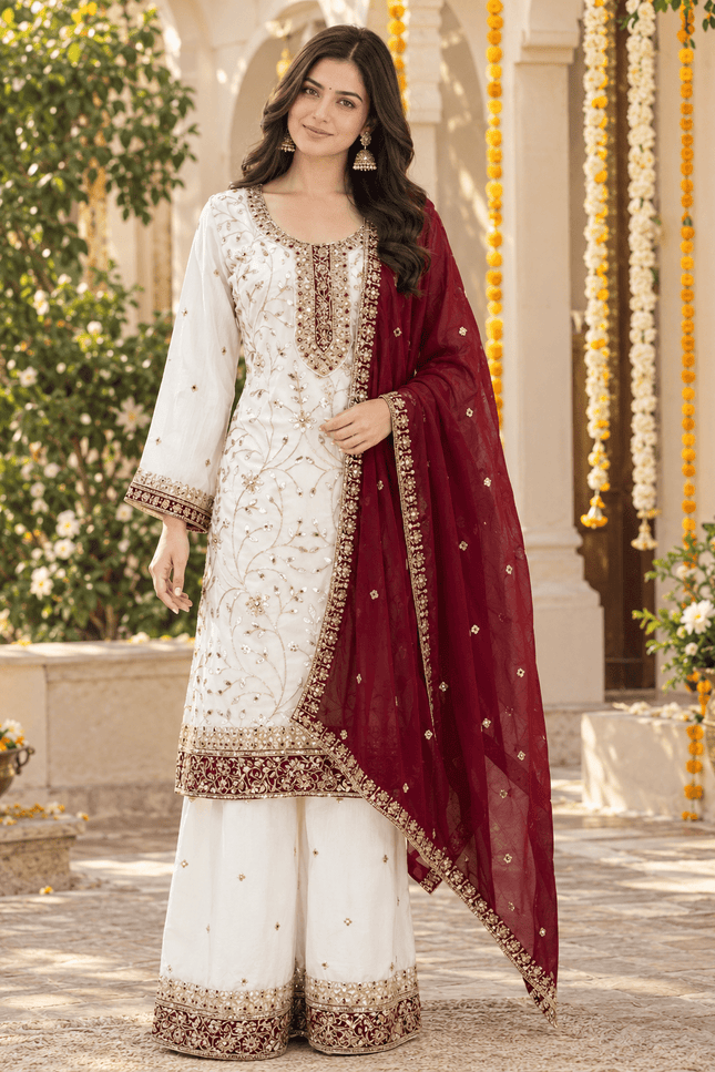Sequin Embroidered Georgette Palazzo Suit Set with Dupatta - Rosepetals Luxe