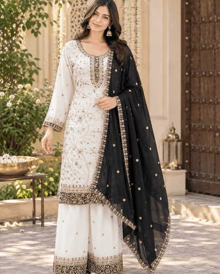 Sequin Embroidered Georgette Palazzo Suit Set with Dupatta - Rosepetals Luxe