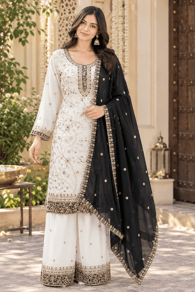 Sequin Embroidered Georgette Palazzo Suit Set with Dupatta - Rosepetals Luxe