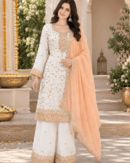 Sequin Embroidered Georgette Palazzo Suit Set with Dupatta - Rosepetals Luxe