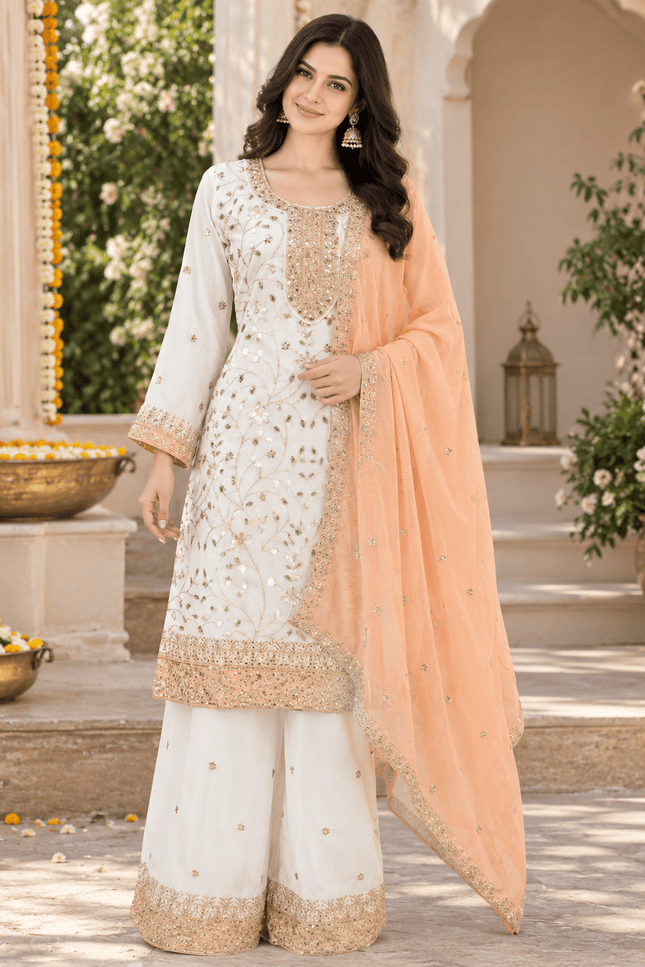 Sequin Embroidered Georgette Palazzo Suit Set with Dupatta - Rosepetals Luxe
