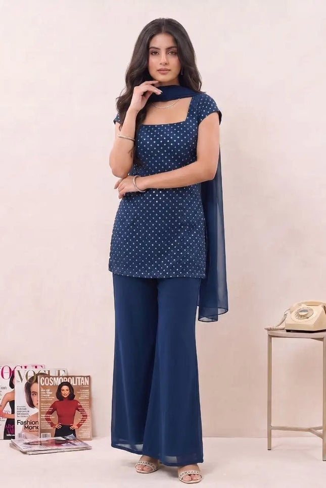 Sequin Embroidery Palazzo Kurta Set with Dupatta | Soft Georgette | Festive & Party Wear - Rosepetals Luxe