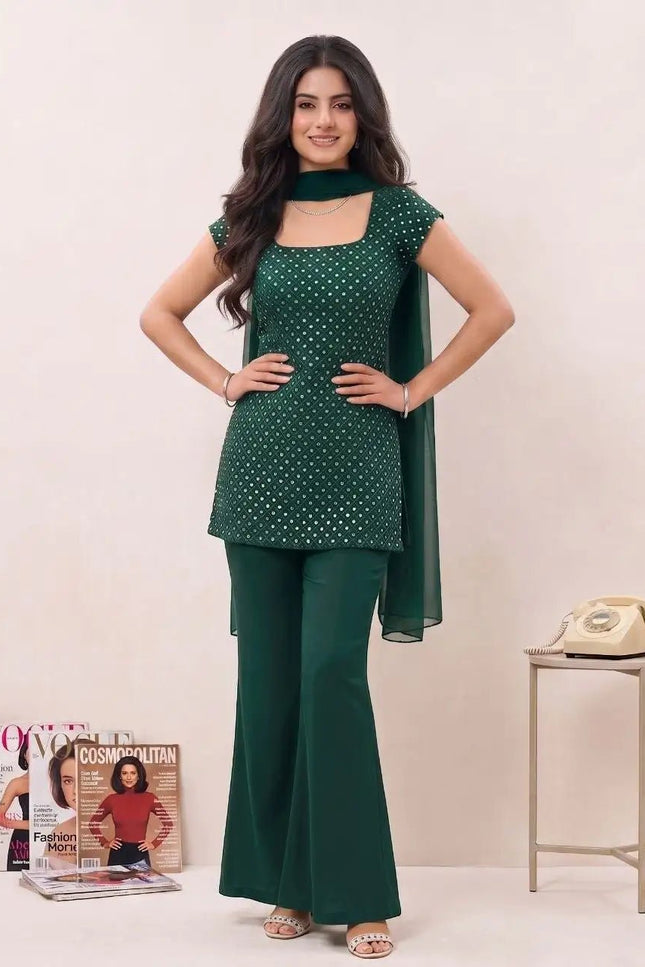 Sequin Embroidery Palazzo Kurta Set with Dupatta | Soft Georgette | Festive & Party Wear - Rosepetals Luxe