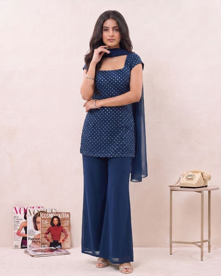Sequin Embroidery Palazzo Kurta Set with Dupatta | Soft Georgette | Festive & Party Wear - Rosepetals Luxe