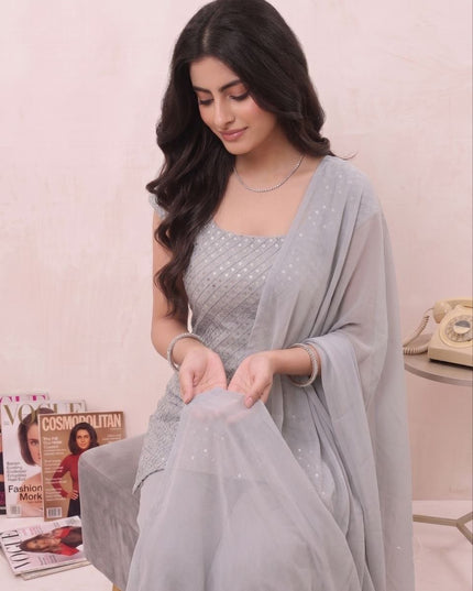 Sequin Embroidery Palazzo Kurta Set with Dupatta | Soft Georgette | Festive & Party Wear - Rosepetals Luxe