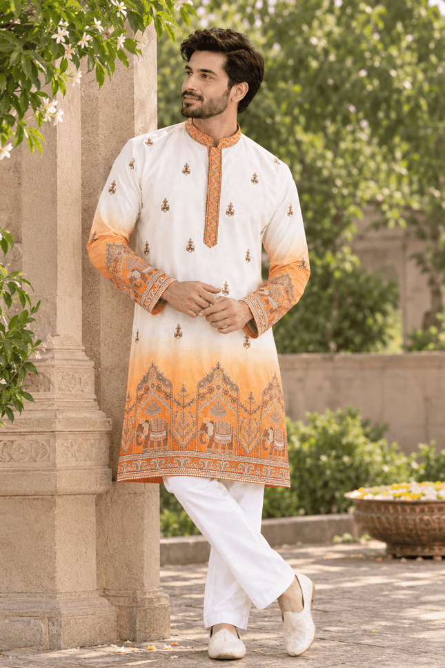 Shaded Malai Satin Kurta Pajama Set with Heavy Embroidery - Rosepetals Luxe