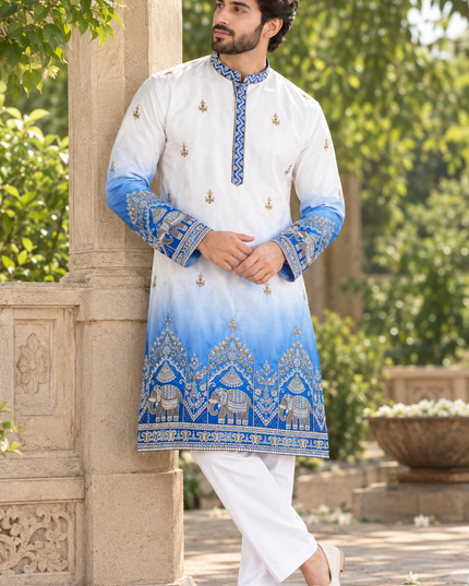 Shaded Malai Satin Kurta Pajama Set with Heavy Embroidery - Rosepetals Luxe