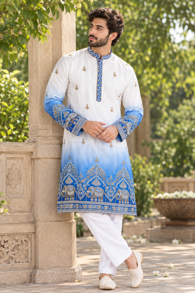 Shaded Malai Satin Kurta Pajama Set with Heavy Embroidery - Rosepetals Luxe