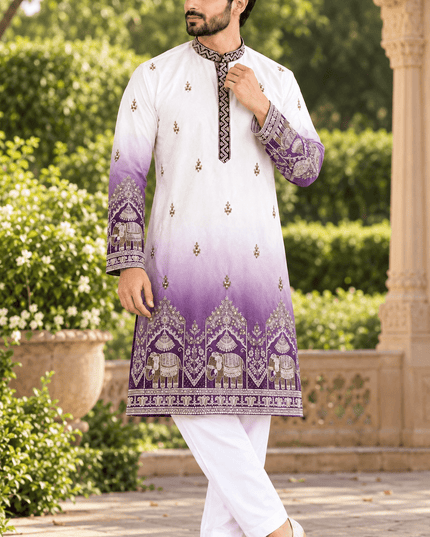 Shaded Malai Satin Kurta Pajama Set with Heavy Embroidery - Rosepetals Luxe