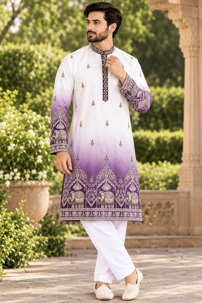 Shaded Malai Satin Kurta Pajama Set with Heavy Embroidery - Rosepetals Luxe