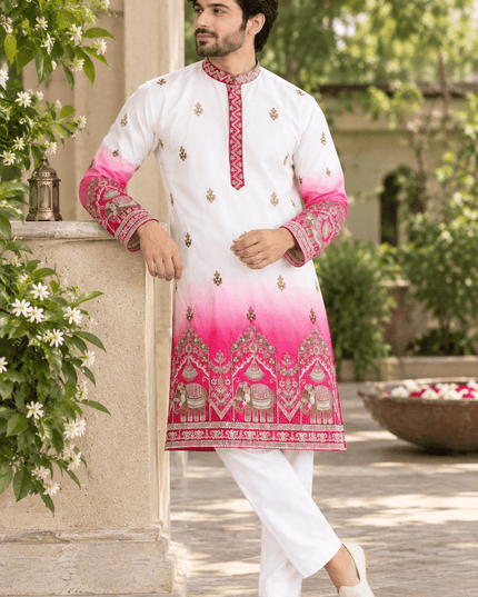Shaded Malai Satin Kurta Pajama Set with Heavy Embroidery - Rosepetals Luxe
